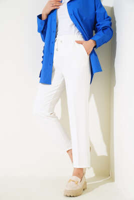 Pazarium - İp Detaylı Beli Lastikli Dar Paça Ekru Pantolon