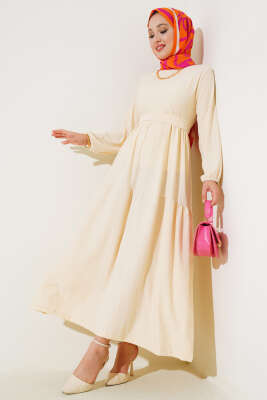 Pazarium - Bürümcük Kat Kat Elbise Krem