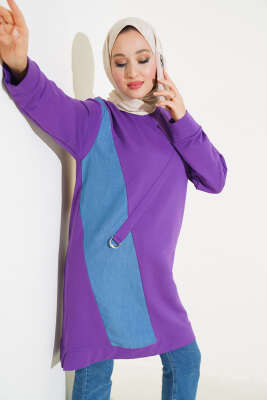 Pazarium - Kot Garni Detaylı Tunik Menekşe