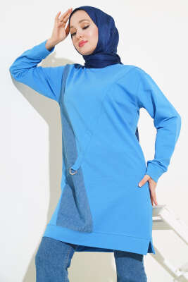 Pazarium - Kot Garni Detaylı Tunik Mavi