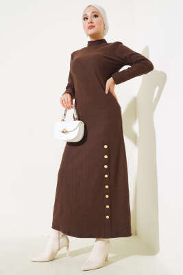 Pazarium - Etek Düğmeli Fitilli Elbise Kahve
