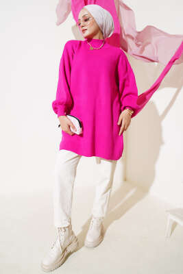 Balon Kol Dik Yaka Triko Tunik Fuşya - Thumbnail