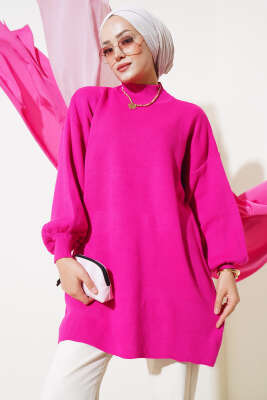 Balon Kol Dik Yaka Triko Tunik Fuşya - Thumbnail
