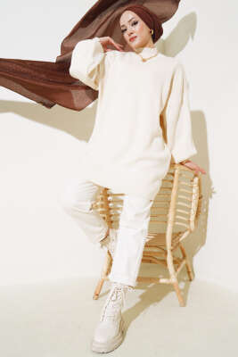 Balon Kol Dik Yaka Triko Tunik Taş - Thumbnail