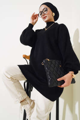 Balon Kol Dik Yaka Triko Tunik Siyah - Thumbnail