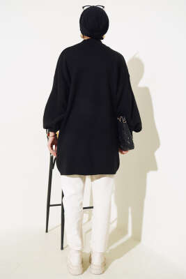 Balon Kol Dik Yaka Triko Tunik Siyah - Thumbnail