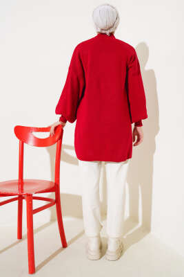 Balon Kol Dik Yaka Triko Tunik Kırmızı - Thumbnail