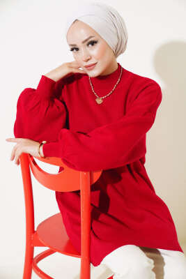 Balon Kol Dik Yaka Triko Tunik Kırmızı - Thumbnail