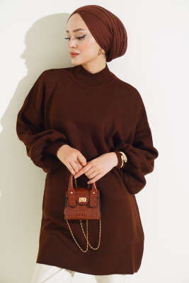 Balon Kol Dik Yaka Triko Tunik Kahve - Thumbnail