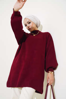 Balon Kol Dik Yaka Triko Tunik Bordo - Thumbnail