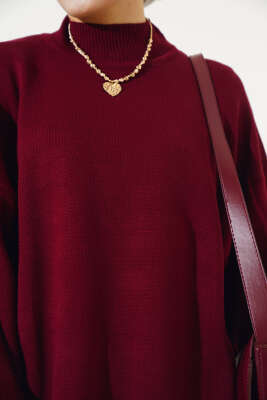 Balon Kol Dik Yaka Triko Tunik Bordo - Thumbnail