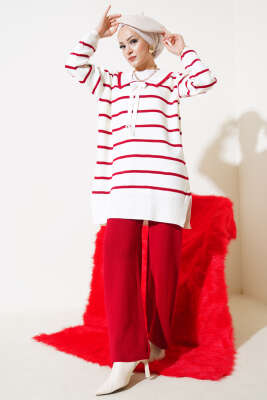 Bebe Yaka Fiyonklu Triko İkili Takım Kırmızı - Thumbnail