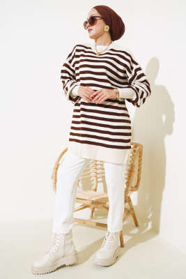 Pike Çizgili Triko Tunik Taş - Thumbnail