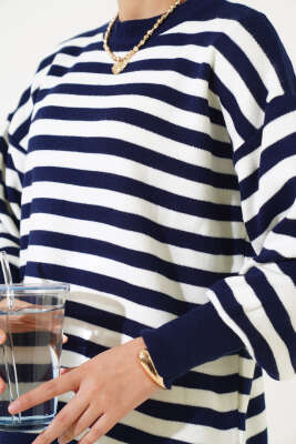 Pike Çizgili Triko Tunik Lacivert - Thumbnail