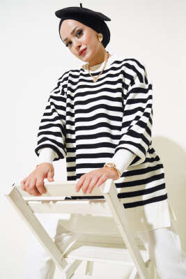 Pike Çizgili Triko Tunik Kemik - Thumbnail