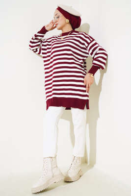 Pike Çizgili Triko Tunik Bordo - Thumbnail