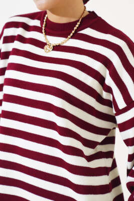 Pike Çizgili Triko Tunik Bordo - Thumbnail