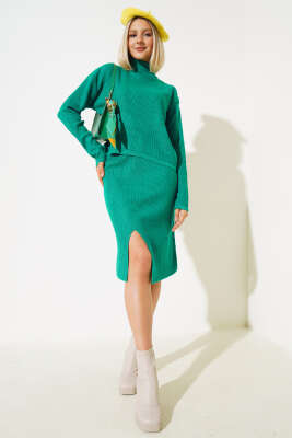 Balıkçı Yaka Midi Etekli Triko Takım Zümrüt - Thumbnail