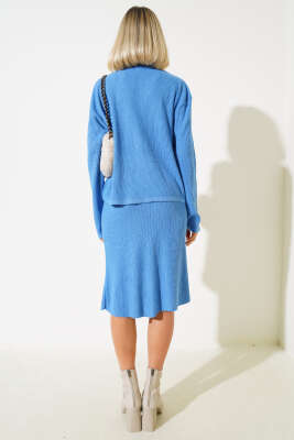 Balıkçı Yaka Midi Etekli Triko Takım İndigo - Thumbnail