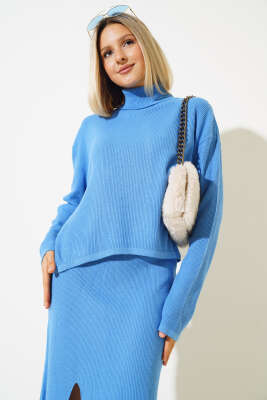 Balıkçı Yaka Midi Etekli Triko Takım İndigo - Thumbnail