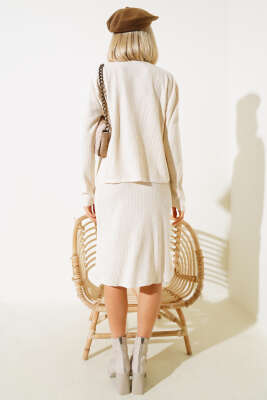 Balıkçı Yaka Midi Etekli Triko Takım Bej - Thumbnail