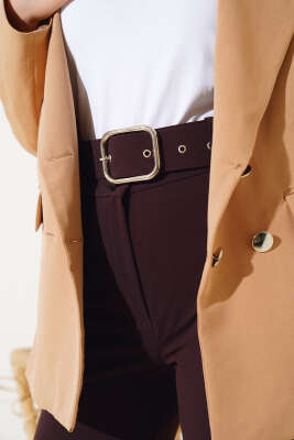 Bol Paça Kemerli Salaş Pantolon Kahve - Thumbnail