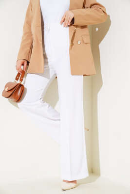 Tek Düğmeli Çift Pileli Pantolon Beyaz - Thumbnail