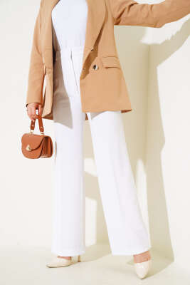 Tek Düğmeli Çift Pileli Pantolon Beyaz - Thumbnail