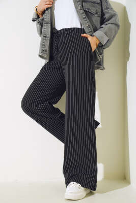 Çizgili Salaş Pantolon Siyah - Thumbnail