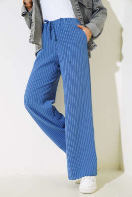 Çizgili Salaş Pantolon İndigo - Thumbnail