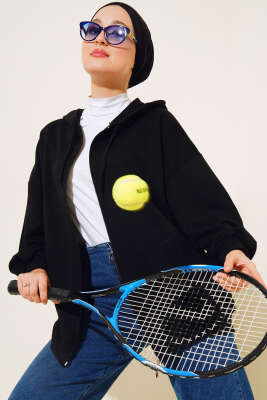 Pazarium - Kapüşonlu Fermuarlı Salaş Hırka Siyah