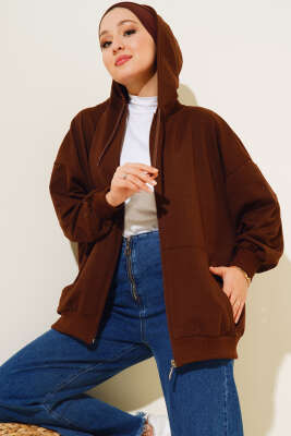 	 Kapüşonlu Fermuarlı Salaş Hırka Kahve - Thumbnail