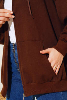 	 Kapüşonlu Fermuarlı Salaş Hırka Kahve - Thumbnail