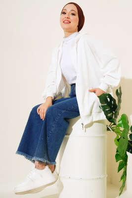 	 Kapüşonlu Fermuarlı Salaş Hırka Ekru - Thumbnail