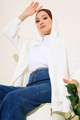 	 Kapüşonlu Fermuarlı Salaş Hırka Ekru - Thumbnail