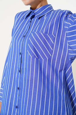 Çizgili Salaş Gömlek Lacivert - Thumbnail