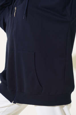 Kapüşonlu Fermuarlı Salaş Hırka Lacivert - Thumbnail