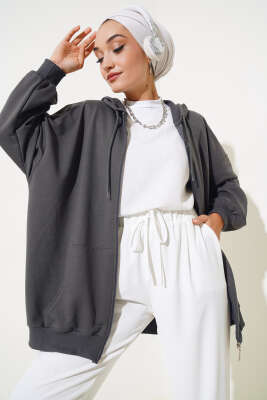 Pazarium - Kapüşonlu Fermuarlı Salaş Hırka Füme