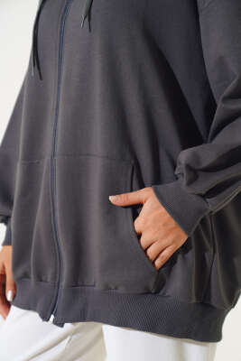 Kapüşonlu Fermuarlı Salaş Hırka Füme - Thumbnail