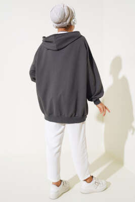 Kapüşonlu Fermuarlı Salaş Hırka Füme - Thumbnail