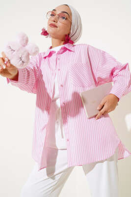 Pazarium - Salaş İnce Çizgili Gömlek Pembe