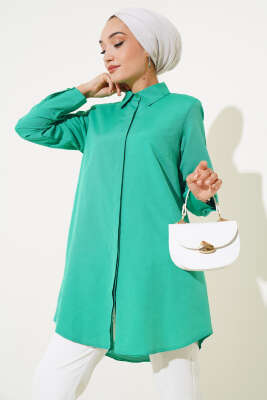 Pazarium - Klasik Yakalı Oval Kesim Yeşil Gömlek