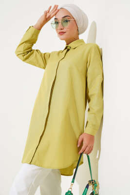 Pazarium - Klasik Yakalı Oval Kesim Yağ Yeşili Gömlek