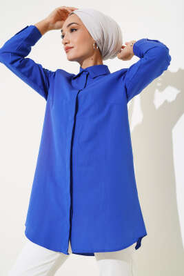 Pazarium - Klasik Yakalı Oval Kesim Saks Gömlek