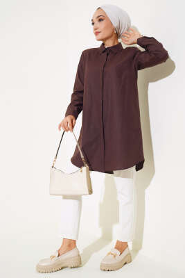 Klasik Yakalı Oval Kesim Kahve Gömlek - Thumbnail