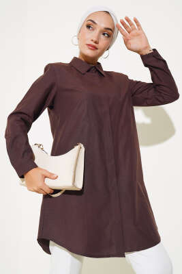 Klasik Yakalı Oval Kesim Kahve Gömlek - Thumbnail