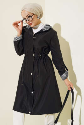 Pazarium - Çizgili Detaylı Trençkot Siyah