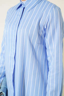 Çizgili Gizli Düğmeli Gömlek Mavi - Thumbnail