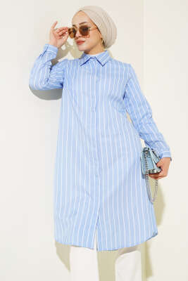 Çizgili Gizli Düğmeli Gömlek Mavi - Thumbnail