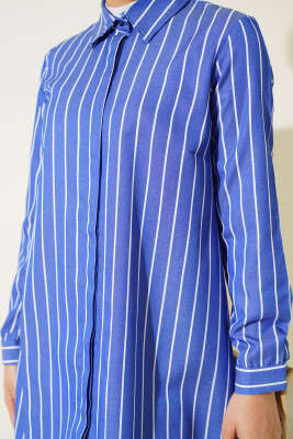 Çizgili Gizli Düğmeli Gömlek Lacivert - Thumbnail